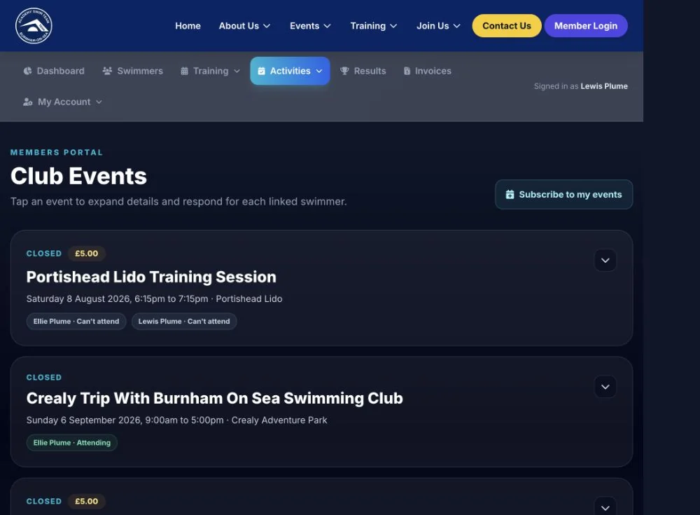 Club Events in the AST Members Portal with per-swimmer responses
