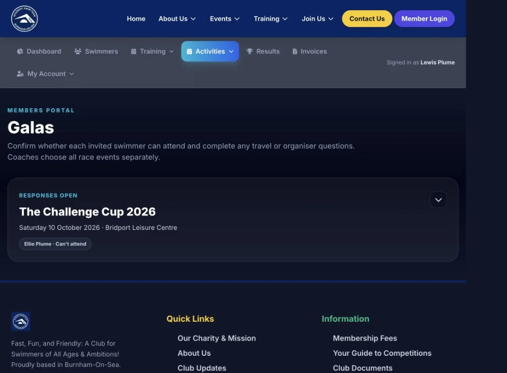 Galas in the AST Members Portal showing an open sign-up
