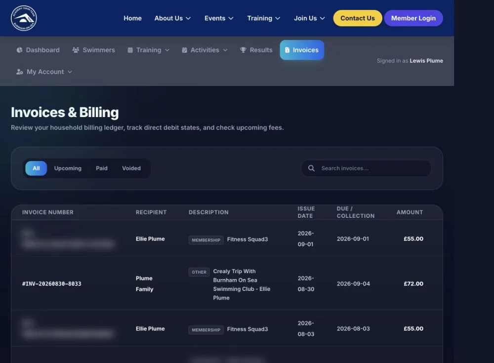 The household invoice ledger with status filters and payment state