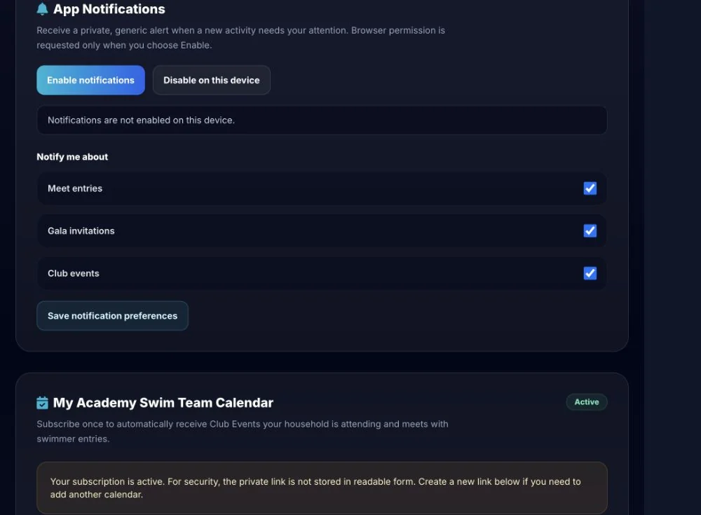 App notification settings with per-activity toggles in the AST Members Portal