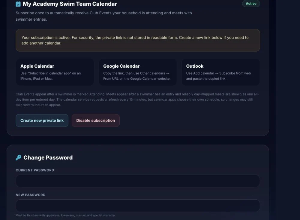 My Academy Swim Team Calendar with Apple, Google, and Outlook options