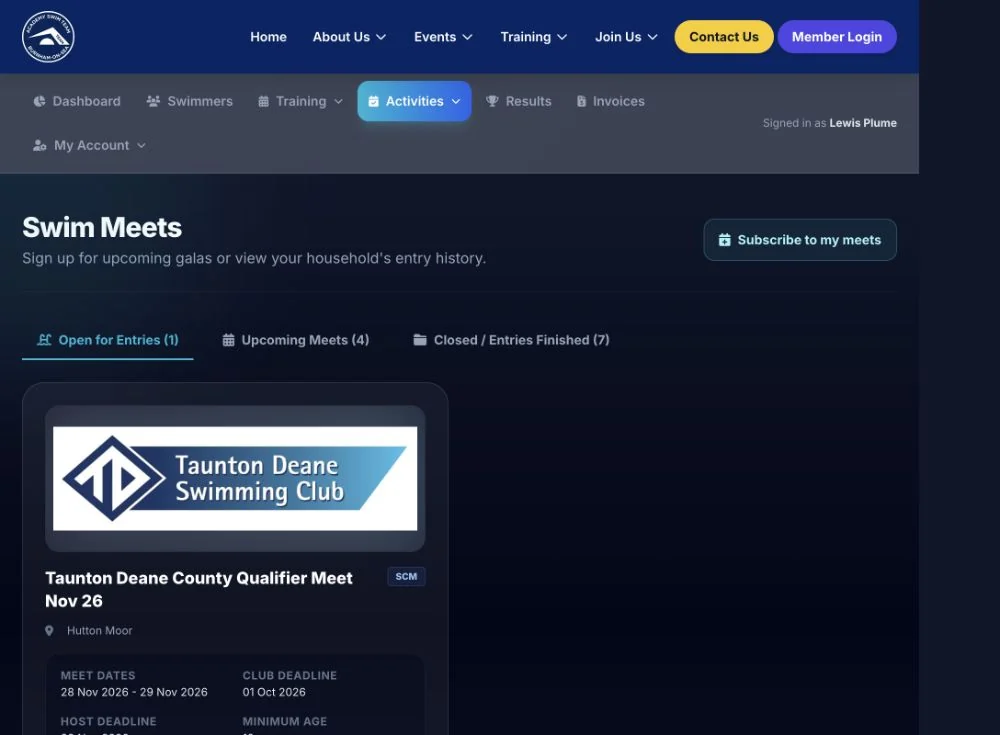 Swim Meets in the AST Members Portal showing Open for Entries and Upcoming Meets tabs
