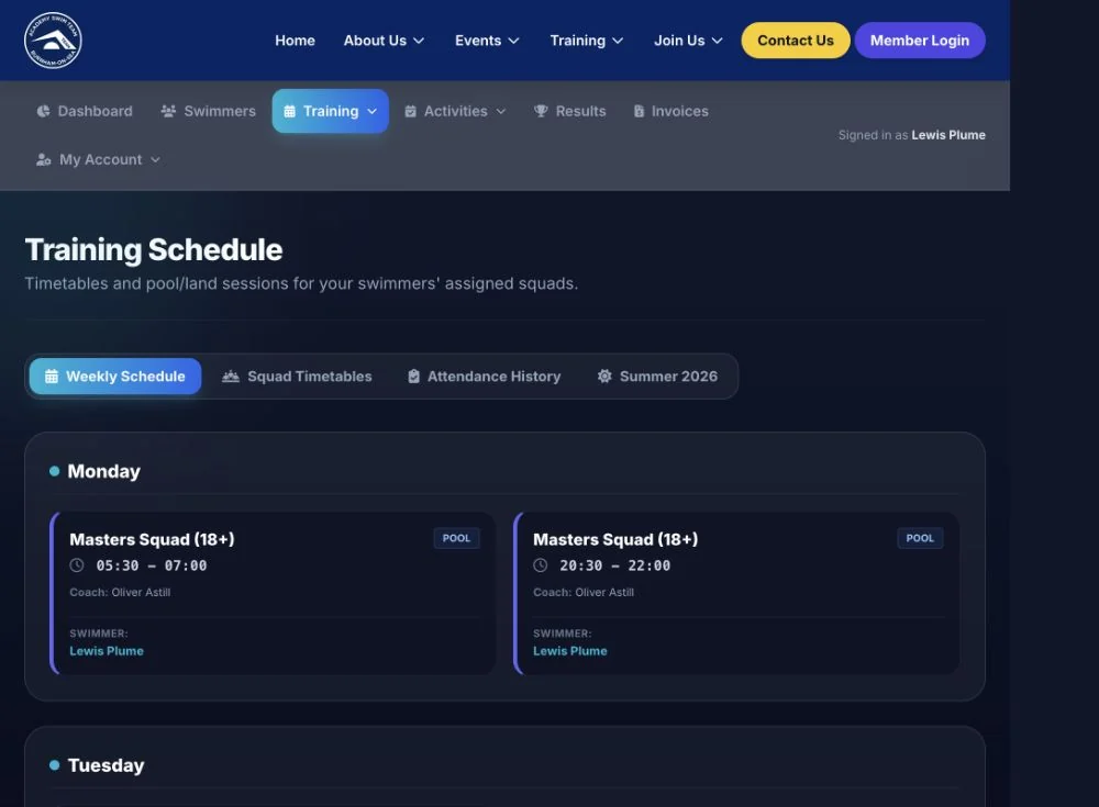 Weekly training schedule showing squad sessions, times, coach, and swimmer